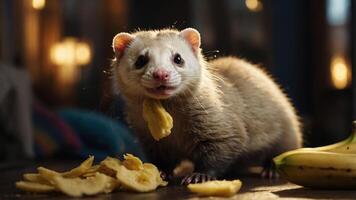 A playful ferret with a cheerful expression, surrounded by banana slices and dried fruit. photo