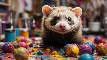A playful ferret surrounded by colorful paint splatters and balls, creating an artistic scene. photo