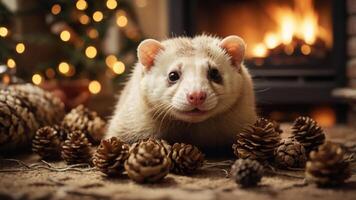A cute ferret surrounded by pine cones in a cozy, festive setting by a fireplace. photo