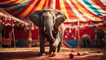 A young elephant in a colorful circus tent, surrounded by apples and other elephants. photo