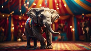 A young elephant in a colorful circus setting, surrounded by festive decorations and lights. photo