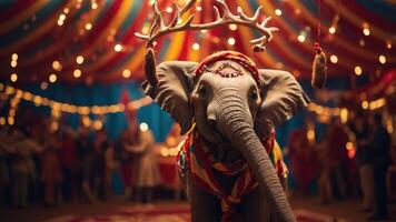 A festive elephant in a circus setting, adorned with decorations and surrounded by a lively crowd. photo