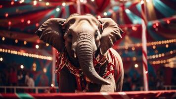 An elephant performs in a vibrant circus setting, surrounded by colorful decorations and lights. photo