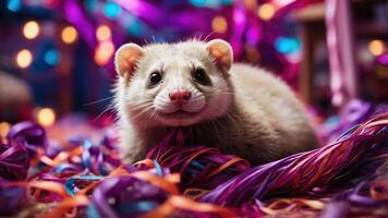 A playful ferret surrounded by colorful streamers in a festive setting. photo