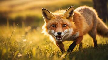A close-up of a fox in a grassy field during golden hour. photo