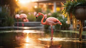A serene scene featuring a pink flamingo standing in a tranquil pond at sunset. photo
