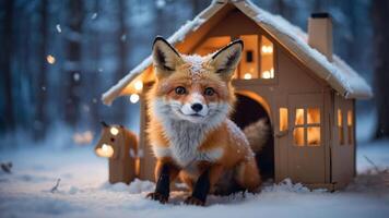 A fox stands outside a cozy wooden house in a snowy forest setting. photo