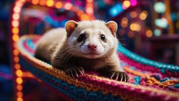 A cute animal resting on a colorful woven surface with vibrant lights in the background. photo