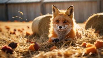 A fox resting among hay bales and scattered fruits in a sunny outdoor setting. photo