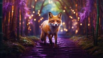 A fox walks through a magical, illuminated forest path surrounded by vibrant purple foliage. photo