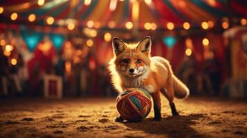 A fox stands in a circus setting, playfully holding a colorful ball. photo