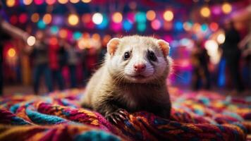 A curious ferret sits on a colorful blanket in a festive setting with lights. photo