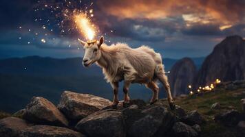 A goat stands on rocks with sparks emitting from its head against a dramatic sky. photo