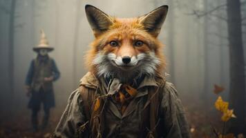 A fox in a vintage outfit stands in a foggy forest, with a figure in the background. photo