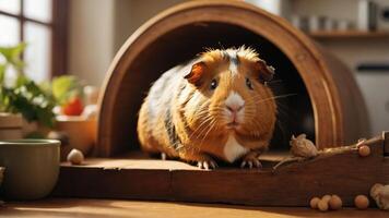 A close-up of a guinea pig in a cozy setting, showcasing its adorable features. photo