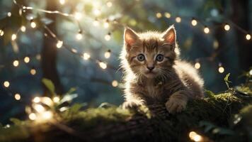A playful kitten sits on a mossy log surrounded by soft, glowing lights in a forest setting. photo