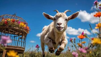 A playful goat leaps through a vibrant field of flowers, with a decorative basket nearby. photo
