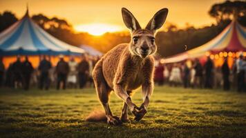 A kangaroo hops toward the camera in a lively outdoor setting at sunset, with tents in the background. photo