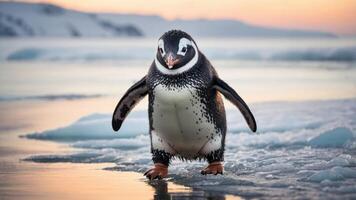 A penguin standing on ice with a scenic backdrop of water and mountains at sunset. photo