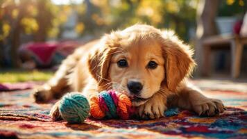A playful puppy lying on a colorful rug with a toy, enjoying a sunny outdoor setting. photo