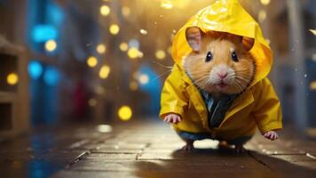 A cute hamster in a yellow raincoat, standing on a wet surface with warm lighting. photo