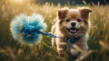 A cheerful puppy running in a grassy field with a colorful toy attached to its leash. photo
