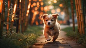 A playful puppy runs along a path lit by warm, glowing lights in a serene garden setting. photo