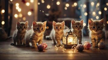 Five playful kittens gathered around a glowing lantern with decorative lights. photo