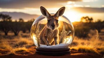 A kangaroo inside a snow globe against a sunset backdrop in a desert landscape. photo