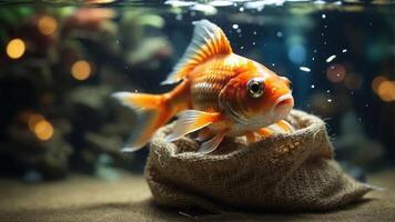 A goldfish swims gracefully in a tank, surrounded by bubbles and soft lighting. photo
