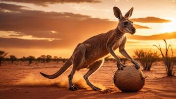 A kangaroo playfully interacts with a large ball at sunset in a desert landscape. photo