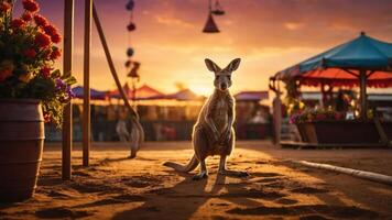A kangaroo stands in a sunset-lit scene with colorful tents and flowers in the background. photo