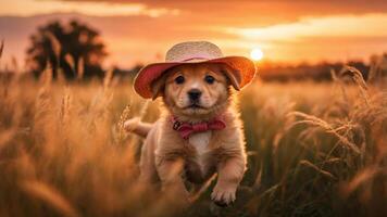 A playful puppy wearing a straw hat runs through a golden field at sunset. photo