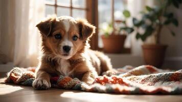A playful puppy lounging on a colorful blanket in a sunlit room with plants. photo