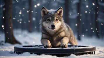 A wolf-like dog resting on a circular platform in a snowy forest setting. photo