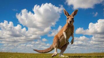 A kangaroo stands on a grassy field under a blue sky with fluffy clouds. photo