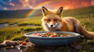 A fox gazes at a bowl of colorful food against a scenic landscape with a rainbow. photo