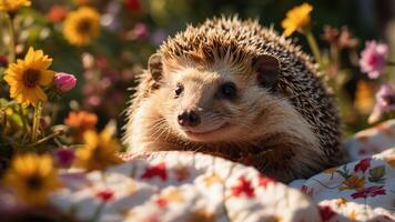 A cute hedgehog resting among colorful flowers on a patterned blanket in a sunny setting. photo