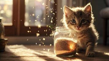A playful kitten curiously investigates a jar of grains, illuminated by soft sunlight. photo