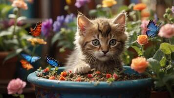 A playful kitten nestled in a flower pot surrounded by colorful blooms and butterflies. photo