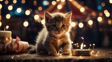 A playful kitten surrounded by sparkles and festive lights, evoking joy and warmth. photo