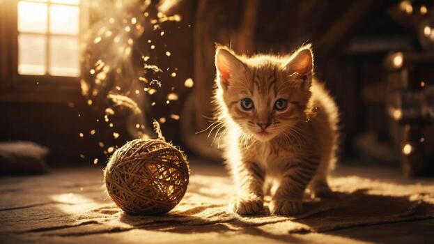 A playful kitten exploring an attic with a ball of twine, illuminated by soft sunlight. photo
