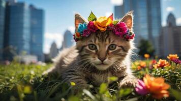 A playful kitten wearing a flower crown amidst colorful flowers in an urban setting. photo