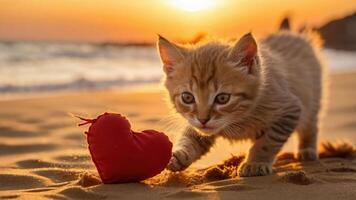 A playful kitten interacts with a red heart toy on a beach during sunset. photo
