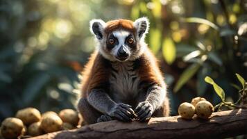 A lemur perched on a branch surrounded by foliage and fruit in a natural setting. photo