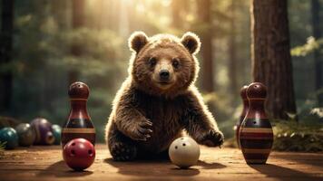 A playful bear interacts with bowling pins and balls in a forest setting. photo