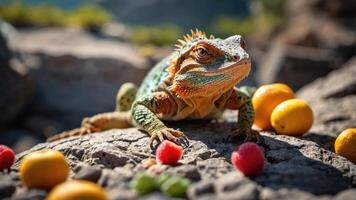 A colorful lizard surrounded by various fruits on a rocky surface in a natural setting. photo