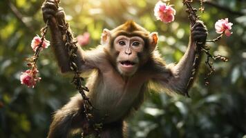 A playful monkey hangs from branches adorned with pink flowers in a lush green setting. photo
