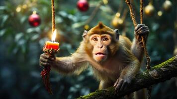 A monkey holding a candle in a festive, decorated forest setting. photo