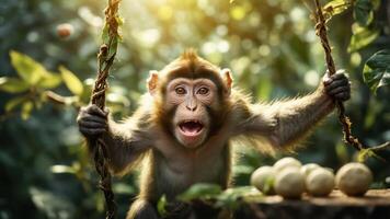 A playful monkey hanging from vines in a lush environment, expressing excitement. photo